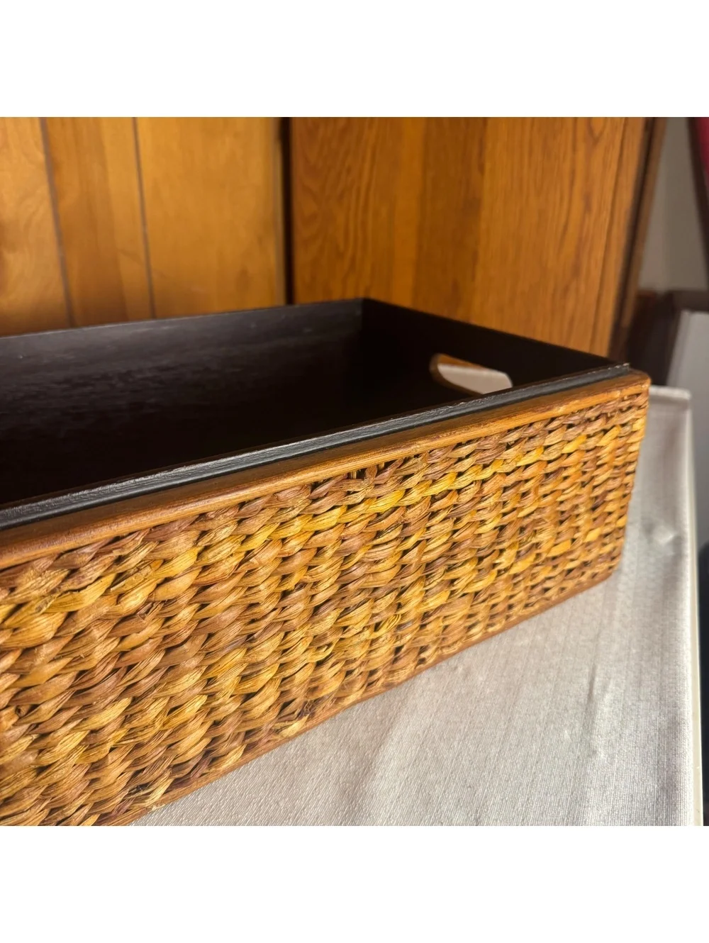 Vintage Woven Water Hyacinth Storage Basket Wood Organizer Bin 22x12x6